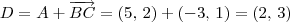 D = A + \overrightarrow{BC} = (5,\,2) + (-3,\,1) = (2,\, 3)