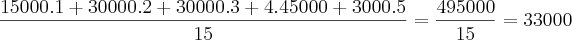 \frac{15000.1 + 30000.2 + 30000.3 + 4.45000 + 3000.5}{15} = \frac{495000}{15} = 33000