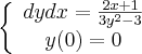 \left\{\begin{array}\frac{dy}{dx}= \frac{2x+1}{3y^2-3}\\
y(0)=0
\end{array}\right. \left\{\begin{array}\frac{dy}{dx}= \frac{2x+1}{3y^2-3}\\
y(0)=0
\end{array}\right.