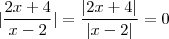|\frac{2x+4}{x-2}|= \frac{|2x+4|}{|x-2|} = 0 |\frac{2x+4}{x-2}|= \frac{|2x+4|}{|x-2|} = 0