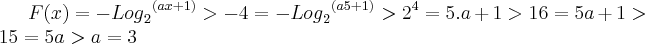 F(x) = - {{Log}_{2}}^{(ax + 1)} > -4 = - {{Log}_{2}}^{(a5 + 1)} > {2}^{4} = 5.a + 1 > 16 = 5a + 1 > 15 = 5a > a = 3 F(x) = - {{Log}_{2}}^{(ax + 1)} > -4 = - {{Log}_{2}}^{(a5 + 1)} > {2}^{4} = 5.a + 1 > 16 = 5a + 1 > 15 = 5a > a = 3