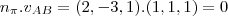 {n}_{\pi}. {v}_{AB} = (2,-3,1).(1,1,1) = 0