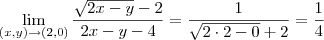 \lim_{(x,y) \to (2,0)} \frac{\sqrt{2x-y}-2}{2x-y-4} = \frac{1}{\sqrt{2\cdot2-0}+2} = \frac{1}{4}