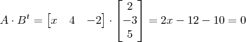 A \cdot B^t = \begin{bmatrix} x & 4 & -2 \end{bmatrix} \cdot \begin{bmatrix} 2 \\ -3 \\ 5 \end{bmatrix} = 2x -12 -10 = 0