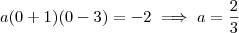 a(0 + 1)(0 - 3) = -2 \implies a = \frac{2}{3}