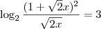 \log_2{\frac{(1 + \sqrt{2}x)^2}{\sqrt{2x}}} = 3 \log_2{\frac{(1 + \sqrt{2}x)^2}{\sqrt{2x}}} = 3