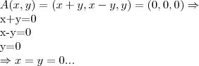 A(x,y)=(x+y,x-y,y)=(0,0,0)\Rightarrow 

x+y=0

x-y=0

y=0

\Rightarrow x=y=0...