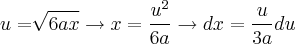 u=\sqrt[]{6ax}\rightarrow x=\frac{u^2}{6a}\rightarrow dx=\frac{u}{3a}du