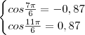 \begin{cases}cos\frac{7\pi}{6}=-0,87\\cos\frac{11\pi}{6}=0,87\end{cases}