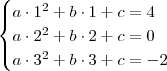 \begin{cases}
a\cdot 1^2 + b\cdot 1 + c = 4 \\
a\cdot 2^2 + b\cdot 2 + c = 0 \\
a\cdot 3^2 + b\cdot 3 + c = -2
\end{cases} \begin{cases}
a\cdot 1^2 + b\cdot 1 + c = 4 \\
a\cdot 2^2 + b\cdot 2 + c = 0 \\
a\cdot 3^2 + b\cdot 3 + c = -2
\end{cases}