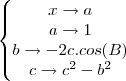 \left\{\begin{matrix}
x\rightarrow a\\ 
a\rightarrow 1\\ 
b\rightarrow -2c.cos(B)\\ 
c\rightarrow c^2-b^2
\end{matrix}\right.