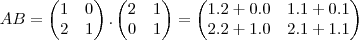 AB=\begin{pmatrix}1&0\\2&1\end{pmatrix}.\begin{pmatrix}2&1\\0&1\end{pmatrix}=\begin{pmatrix}1.2+0.0&1.1+0.1\\2.2+1.0&2.1+1.1\end{pmatrix}