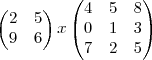 \begin{pmatrix}
2 & 5 \\
9 & 6
\end{pmatrix}x
\begin{pmatrix}
4 & 5 & 8 \\
0 & 1 & 3 \\
7 & 2 & 5
\end{pmatrix} \begin{pmatrix}
2 & 5 \\
9 & 6
\end{pmatrix}x
\begin{pmatrix}
4 & 5 & 8 \\
0 & 1 & 3 \\
7 & 2 & 5
\end{pmatrix}