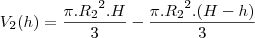 V_2(h)=\frac{\pi.{R_2}^2.H}{3}-\frac{\pi.{R_2}^2.(H-h)}{3}