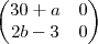 \begin{pmatrix}
   30+a & 0  \\ 
   2b-3 & 0 
\end{pmatrix}