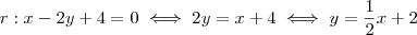r: x - 2y + 4 = 0 \iff 2y = x + 4 \iff y = \frac{1}{2} x + 2 r: x - 2y + 4 = 0 \iff 2y = x + 4 \iff y = \frac{1}{2} x + 2