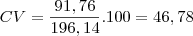 CV= \frac{91,76}{196,14}.100= 46,78