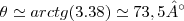 \theta\simeq arctg(3.38)\simeq 73,5° \theta\simeq arctg(3.38)\simeq 73,5°