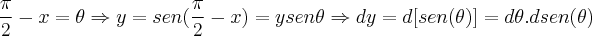 \frac{\pi}{2}-x=\theta\Rightarrow y=sen(\frac{\pi}{2}-x)=ysen\theta \Rightarrow dy=d[sen(\theta)]=d\theta.dsen(\theta)