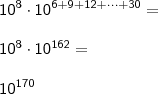 \\ \mathsf{10^8 \cdot 10^{6 + 9 + 12 + \cdots + 30} =} \\\\ \mathsf{10^8 \cdot 10^{162} =} \\\\ \mathsf{10^{170}} \\ \mathsf{10^8 \cdot 10^{6 + 9 + 12 + \cdots + 30} =} \\\\ \mathsf{10^8 \cdot 10^{162} =} \\\\ \mathsf{10^{170}}