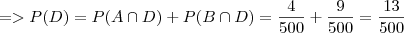 => P(D) = P(A \cap D) + P(B \cap D) = \frac{4}{500} + \frac{9}{500} = \frac{13}{500}
