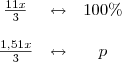\begin{array}{ccc}
\frac{11x}{3} & \leftrightarrow & 100\% \\
& & \\
\frac{1,51x}{3} & \leftrightarrow & p
\end{array} \begin{array}{ccc}
\frac{11x}{3} & \leftrightarrow & 100\% \\
& & \\
\frac{1,51x}{3} & \leftrightarrow & p
\end{array}