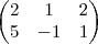\begin{pmatrix}
2 & 1 & 2 \\
5 & -1& 1
\end{pmatrix} \begin{pmatrix}
2 & 1 & 2 \\
5 & -1& 1
\end{pmatrix}