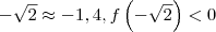 -\sqrt{2} \approx - 1,4  , f\left(-\sqrt{2}\right) < 0