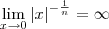 \lim_{x\rightarrow 0}\left | x \right |^{-\frac{1}{n}}=\infty