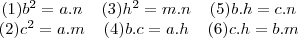 \begin{matrix}
(1)b^2 = a.n&  (3)h^2=m.n&  (5)b.h=c.n \\ 
(2)c^2 = a.m&  (4)b.c=a.h&  (6)c.h=b.m 
\end{matrix}