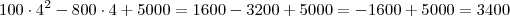 100 \cdot 4^2 -800 \cdot 4 +5000 = 1600-3200 +5000 = -1600+5000 = 3400