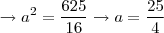 \rightarrow {a}^{2} = \frac{625}{16} \rightarrow a = \frac{25}{4} \rightarrow {a}^{2} = \frac{625}{16} \rightarrow a = \frac{25}{4}