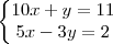 \left\{
\begin{matrix}
10x+y=11 \\
5x-3y=2 \\
\end{matrix}
\right.