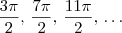 \frac{3 \pi}{2}, \, \frac{7 \pi}{2}, \, \frac{11 \pi}{2}, \, \ldots \frac{3 \pi}{2}, \, \frac{7 \pi}{2}, \, \frac{11 \pi}{2}, \, \ldots