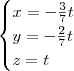 \begin{cases}
x = -\frac{3}{7}t \\
y = -\frac{2}{7}t \\
z= t
\end{cases} \begin{cases}
x = -\frac{3}{7}t \\
y = -\frac{2}{7}t \\
z= t
\end{cases}