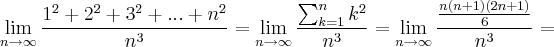 \lim_{n \rightarrow \infty} \frac{1^2 + 2^2 + 3^2 + ... + n^2}{n^3} = \lim_{n \rightarrow \infty} \frac{\sum_{k=1}^{n}k^2}{n^3} = \lim_{n \rightarrow \infty} \frac{\frac{n(n+1)(2n+1)}{6}}{n^3} = \lim_{n \rightarrow \infty} \frac{1^2 + 2^2 + 3^2 + ... + n^2}{n^3} = \lim_{n \rightarrow \infty} \frac{\sum_{k=1}^{n}k^2}{n^3} = \lim_{n \rightarrow \infty} \frac{\frac{n(n+1)(2n+1)}{6}}{n^3} =