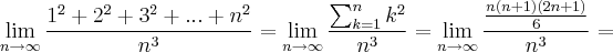 \lim_{n \rightarrow \infty} \frac{1^2 + 2^2 + 3^2 + ... + n^2}{n^3} = \lim_{n \rightarrow \infty} \frac{\sum_{k=1}^{n}k^2}{n^3} = \lim_{n \rightarrow \infty} \frac{\frac{n(n+1)(2n+1)}{6}}{n^3} =