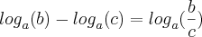 {log}_{a}(b) - {log}_{a}(c) = {log}_{a}(\frac{b}{c}) {log}_{a}(b) - {log}_{a}(c) = {log}_{a}(\frac{b}{c})