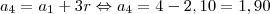 {a}_{4} = {a}_{1} + 3r \Leftrightarrow {a}_{4} = 4 - 2,10 = 1,90