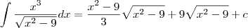 \int\frac{x^3}{\sqrt{x^2-9}}dx = \frac{x^2-9}{3}\sqrt{x^2-9} + 9\sqrt{x^2-9} + c