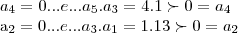 {a}_{4}=0...e...{a}_{5}.{a}_{3}=4.1\succ 0={a}_{4}
{a}_{2}=0...e...{a}_{3}.{a}_{1}=1.13\succ 0={a}_{2} {a}_{4}=0...e...{a}_{5}.{a}_{3}=4.1\succ 0={a}_{4}
{a}_{2}=0...e...{a}_{3}.{a}_{1}=1.13\succ 0={a}_{2}