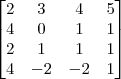 \begin{bmatrix}
2 & 3 & 4 & 5 \\
4 & 0 & 1  & 1 \\
2 & 1 & 1 & 1 \\
4 & -2 & -2 & 1
\end{bmatrix}