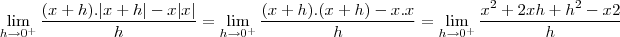 \lim_{h\to0^+}\frac{(x+h).|x+h|-x|x|}{h}=\lim_{h\to0^+}\frac{(x+h).(x+h)-x.x}{h}=\lim_{h\to0^+}\frac{x^2+2xh+h^2-x2}{h}
