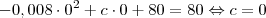 -0,008 \cdot 0^2+c \cdot 0+80=80 \Leftrightarrow c=0 -0,008 \cdot 0^2+c \cdot 0+80=80 \Leftrightarrow c=0