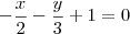 - \frac{x}{2} - \frac{y}{3} + 1 = 0