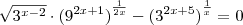 \sqrt{{3}^{x-2}}\cdot{({9}^{2x+1})}^{\frac{1}{2x}}-{({3}^{2x+5})}^{\frac{1}{x}} = 0 \sqrt{{3}^{x-2}}\cdot{({9}^{2x+1})}^{\frac{1}{2x}}-{({3}^{2x+5})}^{\frac{1}{x}} = 0