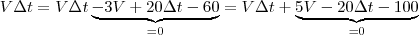V \Delta t
= V\Delta t \underbrace{- 3V + 20\Delta t - 60}_{=0}
= V\Delta t + \underbrace{5V - 20 \Delta t - 100}_{=0} V \Delta t
= V\Delta t \underbrace{- 3V + 20\Delta t - 60}_{=0}
= V\Delta t + \underbrace{5V - 20 \Delta t - 100}_{=0}