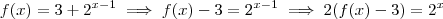 f(x) = 3 + 2^{x-1} \implies f(x) -3 = 2^{x-1} \implies 2(f(x) -3) = 2^x f(x) = 3 + 2^{x-1} \implies f(x) -3 = 2^{x-1} \implies 2(f(x) -3) = 2^x