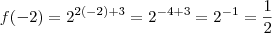 f(-2) = 2 ^{2(-2) +3 } = 2 ^{-4 +3 }= 2 ^{-1 }= \frac{1}{2} f(-2) = 2 ^{2(-2) +3 } = 2 ^{-4 +3 }= 2 ^{-1 }= \frac{1}{2}