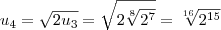 u_4 = \sqrt{2u_3} = \sqrt{2\sqrt[8]{2^7}} = \sqrt[16]{2^{15}}